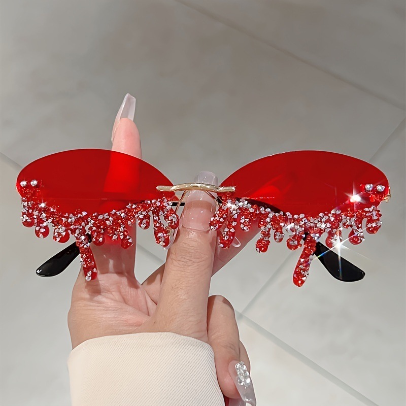 Holiday Diamond-Embellished Irregular Angel Tears Light Luxury Glasses, Handmade Sparkling Diamond Devil Shiny Sunglasses