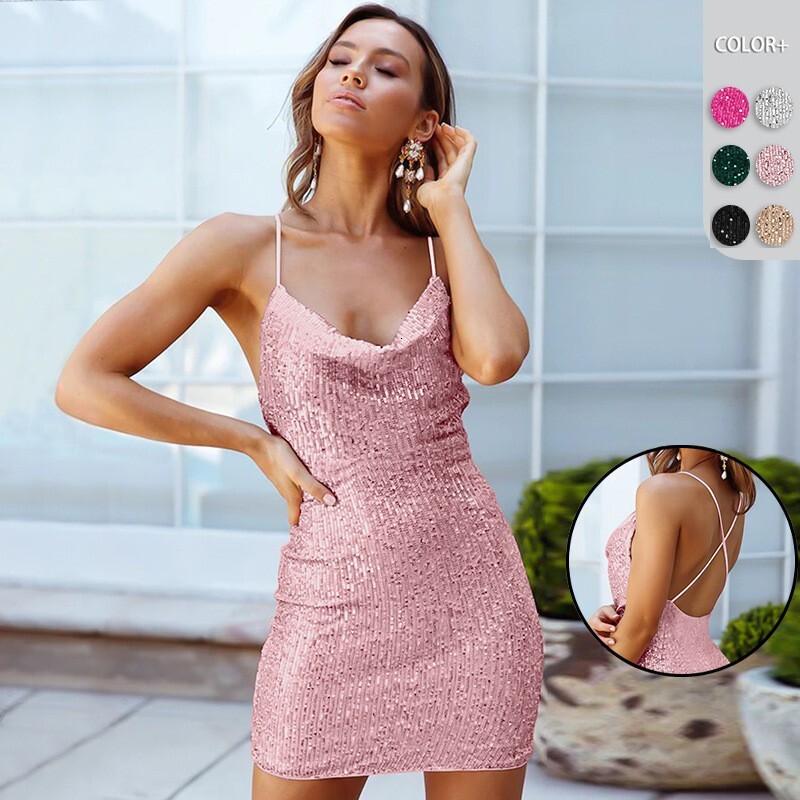 New Sexy Hot Girl Sequin Bodycon Dress Autumn Womens Backless Strap Short Dress Sequin Dress
