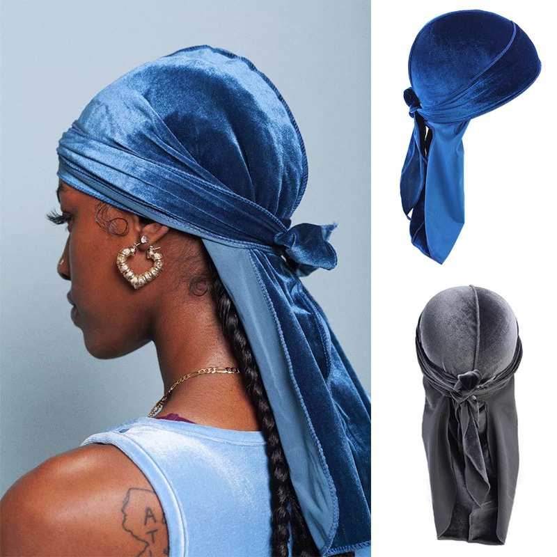 Unisex Solid Color Soft Velvet Longtail Pirate Hat Breathable Bandana Durag Long Ribbon Cape Baotou Headband DuRag 260623