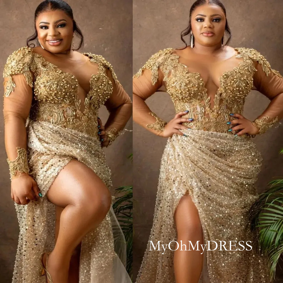 Designer Gold Mermaid Prom Dresses Lace Pearls Sequined High Split Evening Gowns Plus Size Robe De Soiree Mariee Luxe 0209 Y624
