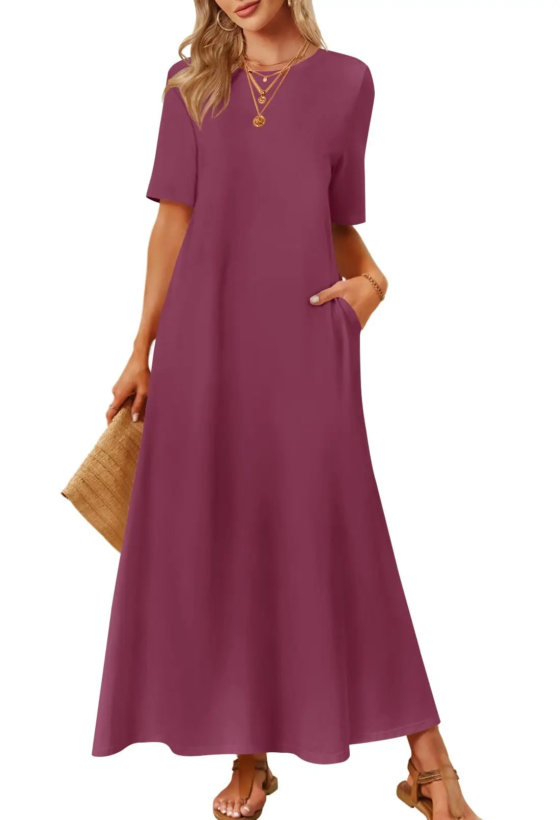 Summer Casual Maxi Dress For Women Crew Neck Short Sleeve Modest Long TShirt With Pockets 260624