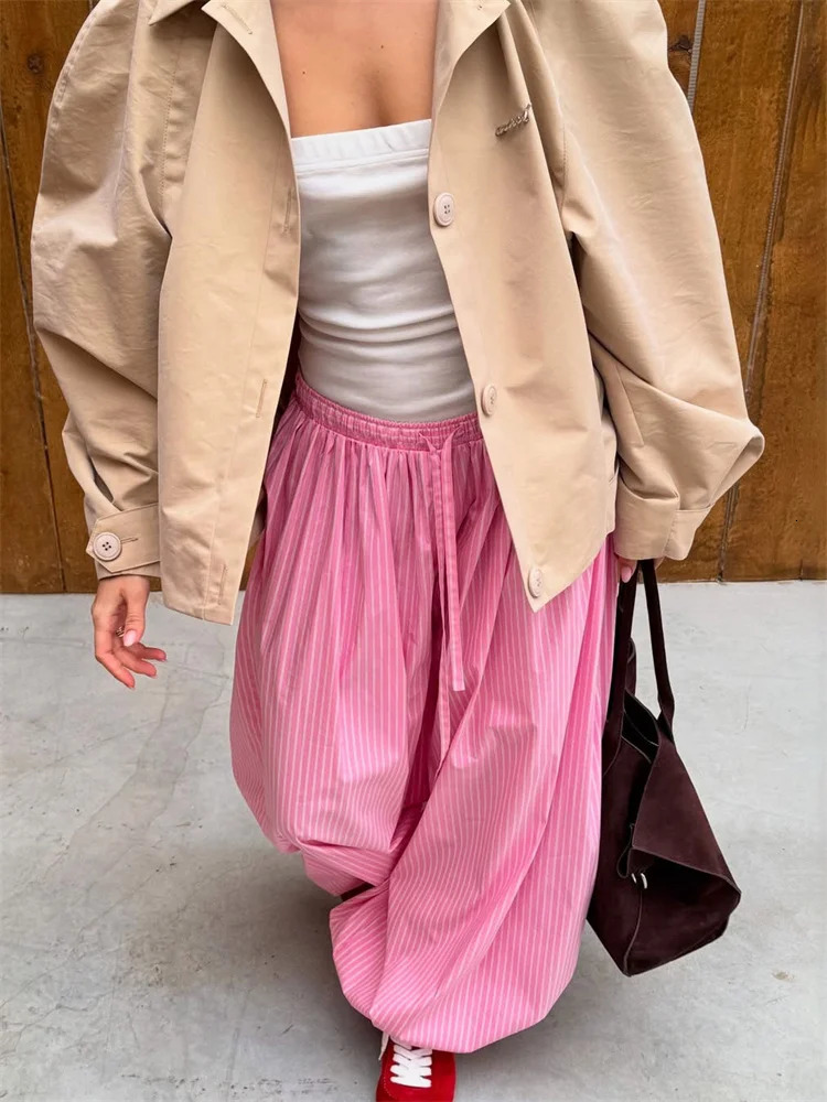 Tossy Striped Lace-Up Casual Womens Pants Patchwork Loose Streetwear Trousers High Waist Commute Clothes Female Bandage Pants 260622