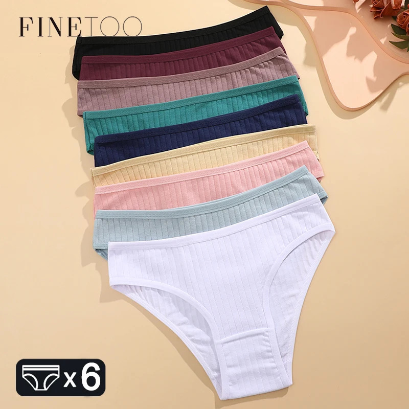 FINETOO 6PCS/SET Womens Cotton Panties Sexy Soft Striped Underpants Solid Color Briefs Female Comfortable Stretch Lingerie M-XL 260622