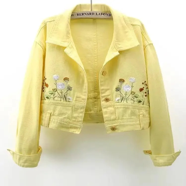 French yellow embroidered long-sleeved denim jacket womens spring and autumn high-grade fashion Joker casual short coat 260617