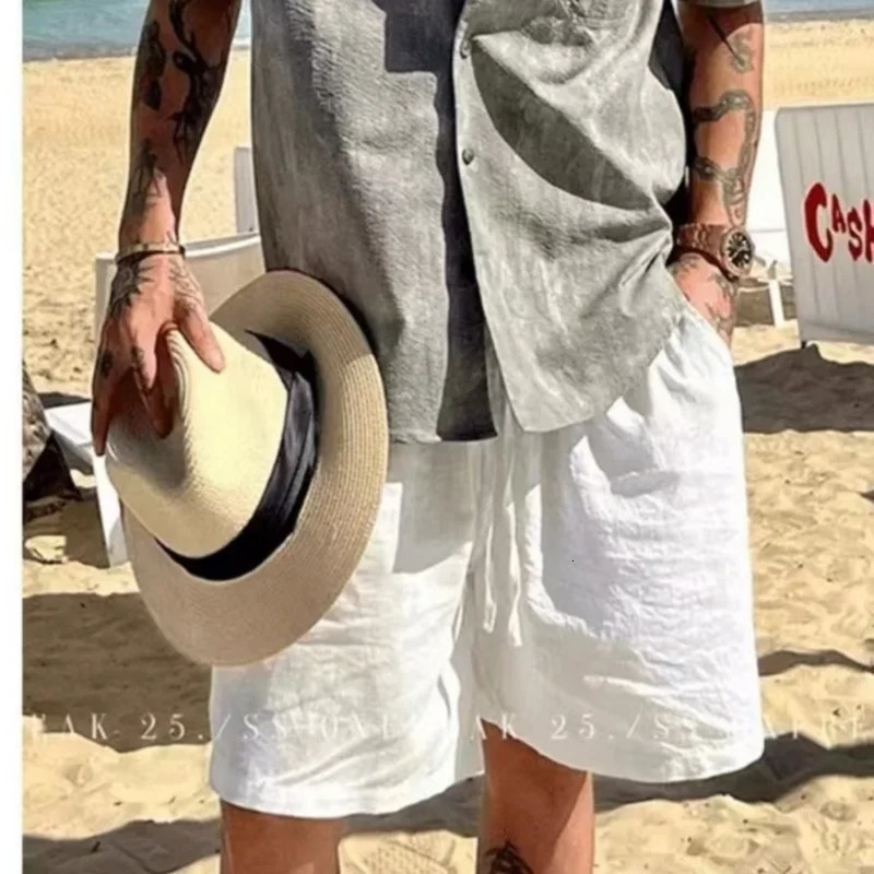Mens Vintage Stand Pocket Cotton Linen Shorts 2024 America and European Style Casual Beach Short Pants Solid Gray White Bottoms 260624