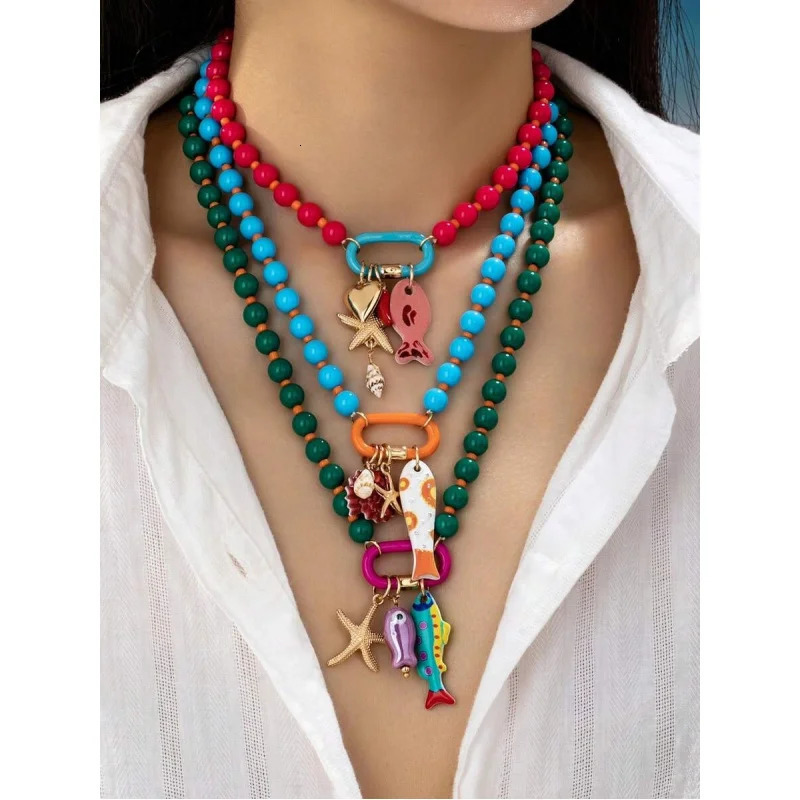 1pc Summer Beach Multi-Layer Resin Beaded Necklace Colorful Fish Starfish Charms Boho Jewelry for Vacation Beach Party 260624