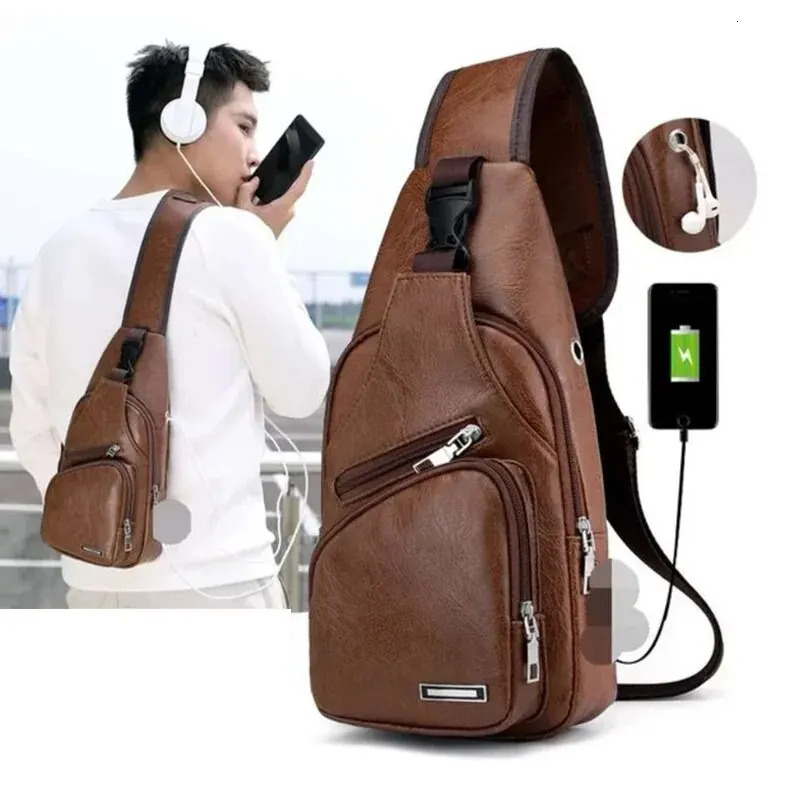 Simple and Fashionable Casual Solid Color PU Multifunctional USB Charging Zipper MENS Chest Bag Crossbody Bag for Commuting260623