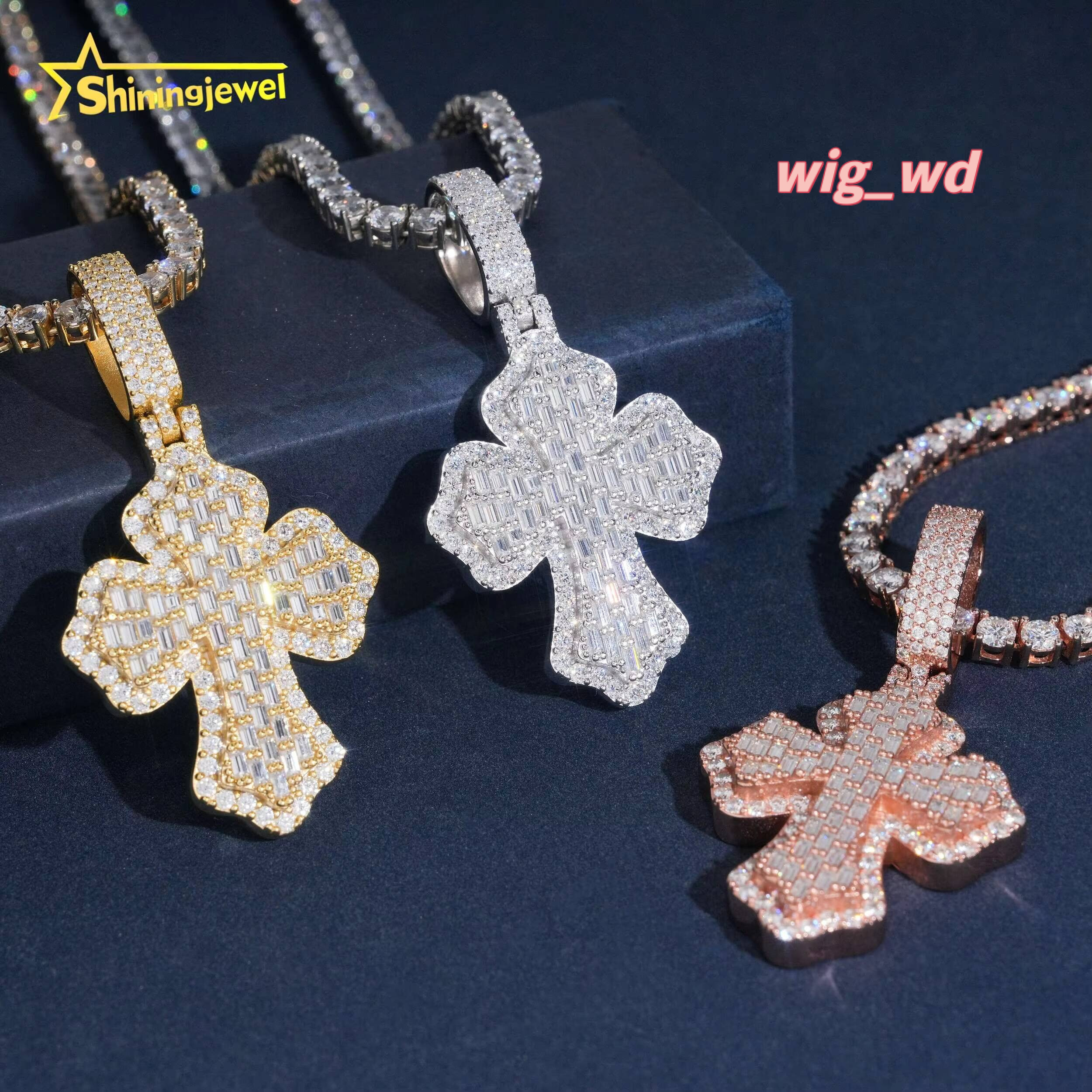 Baguette Cross Pass Diamond Test Moissanite 925 Sterling Silver Gold Plated Hip Hop Iced Out Charm Pendant