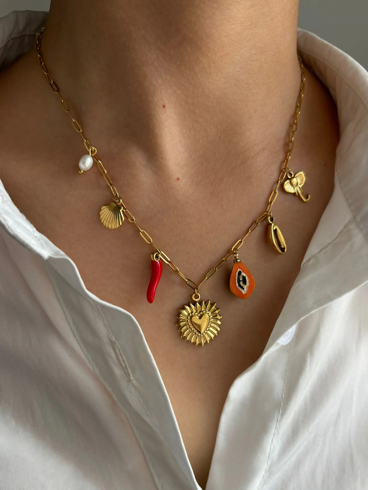 GHIDBK Bohemia 18K Gold Plated Freshwater Pearl Red Enamel Pepper Shell Heart Pendant Necklace Women Beach Party Gift Waterproof 260624