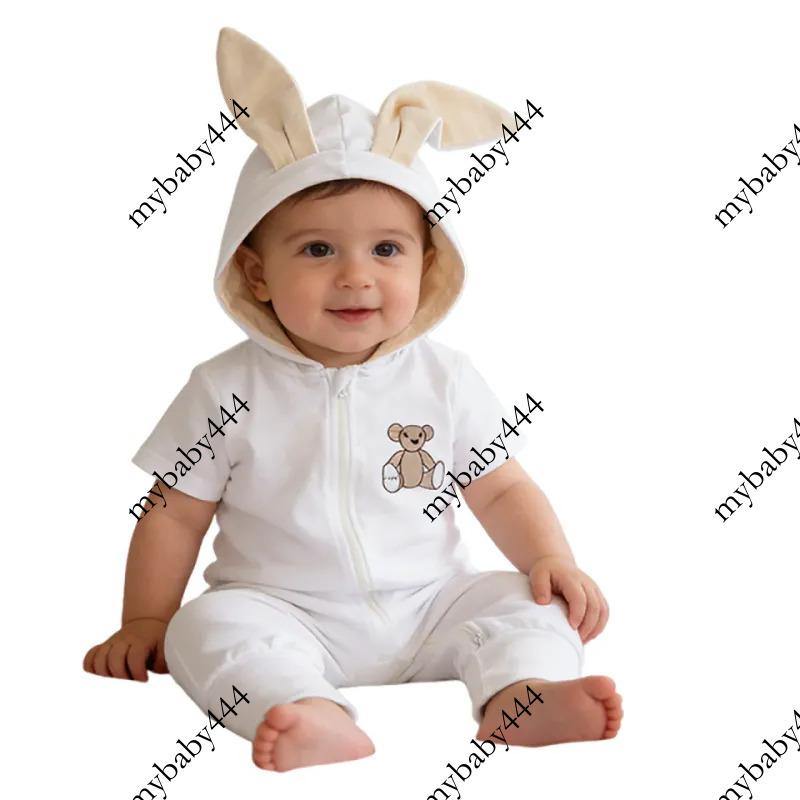 Baby Bunny Ear Hooded Romper Kids Designer Clothes Cotton Short Sleeve One Piece Jumpsuit Soft Breathable Bodysuit For Infant Boys Girls Newborn Rom
