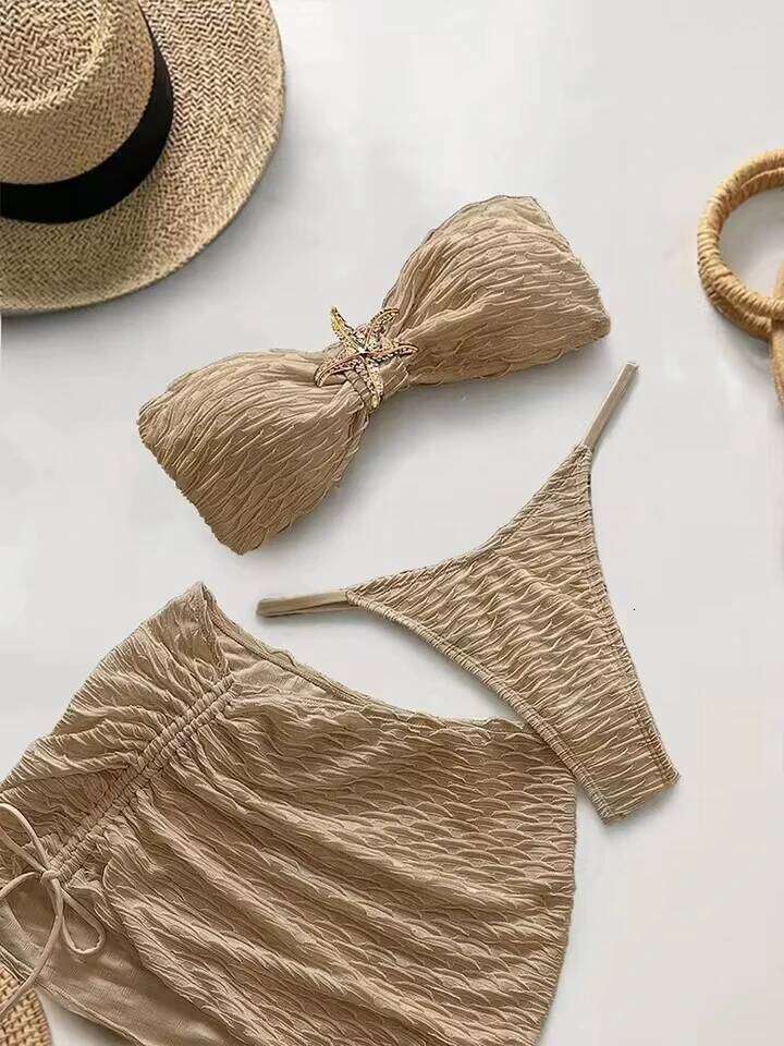 Vzvn Sexy Solid Strapless Women Split Swimsuit Beach Vacation Bikini 2026 All Season Backless Bikinis Skirt 3 Piece Set W260624