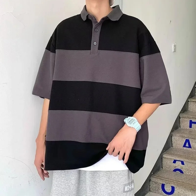 Japanese Retro Striped Polo Shirt For Men Summer Casual Short Sleeve Colorblock Polo T-shirt Golf Wear Lapel Shirts Clothes 260624
