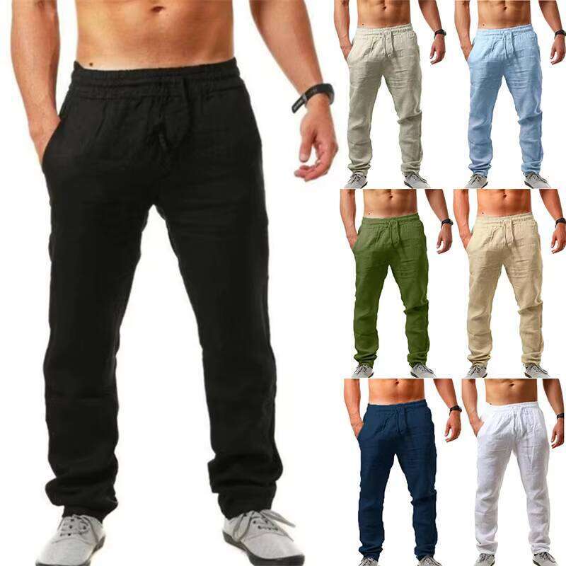 Men Cotton Linen Trousers Joggers Casual Solid Elastic Waist Straight Loose Sports Running Pants Plus Size Men's Clothing W260624