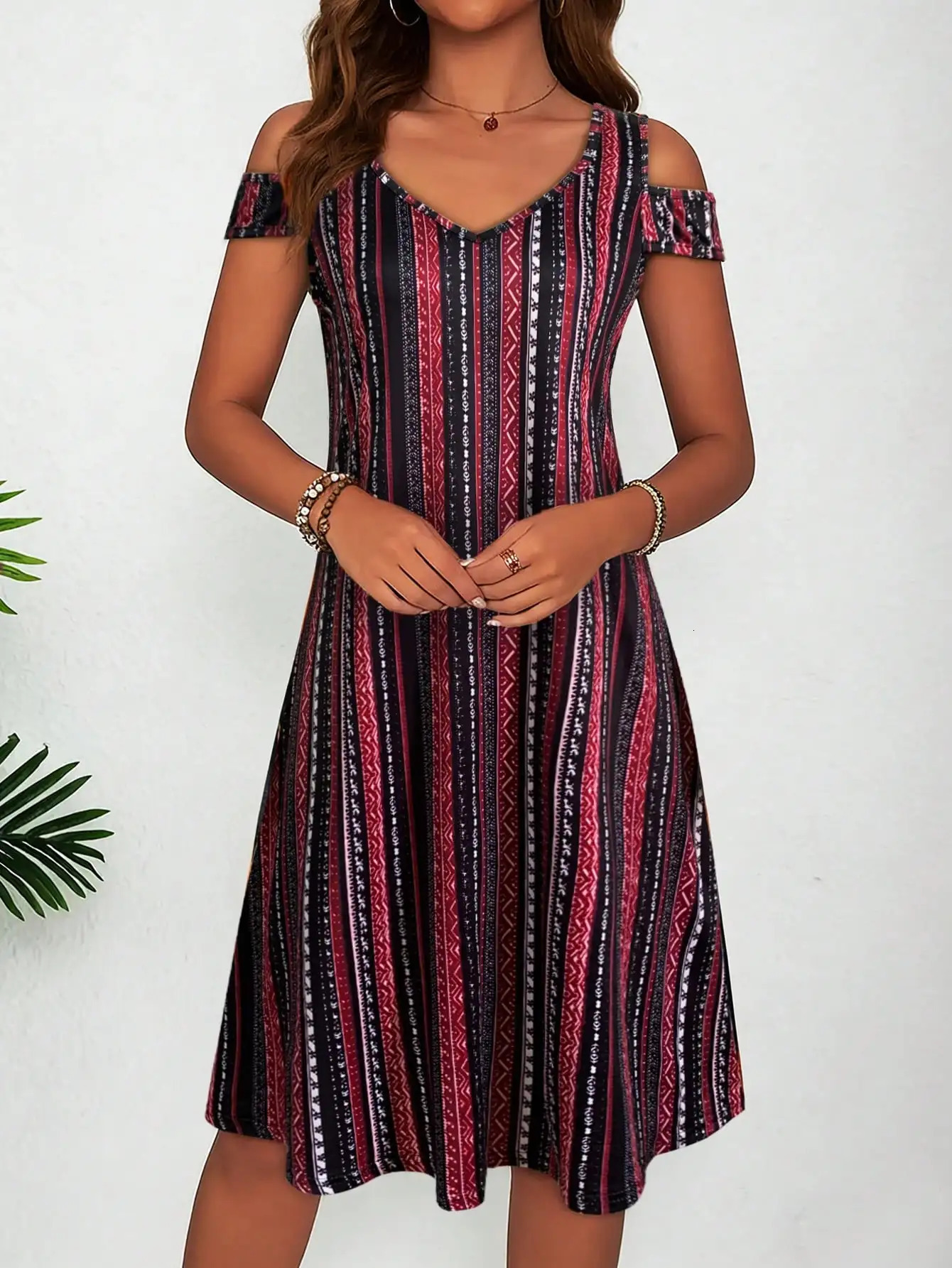 Womens Ethnic Striped Print Cold Shoulder Midi Dress Summer Casual V Neck A Line Flowy Short Sleeve Sundress Beach 260623
