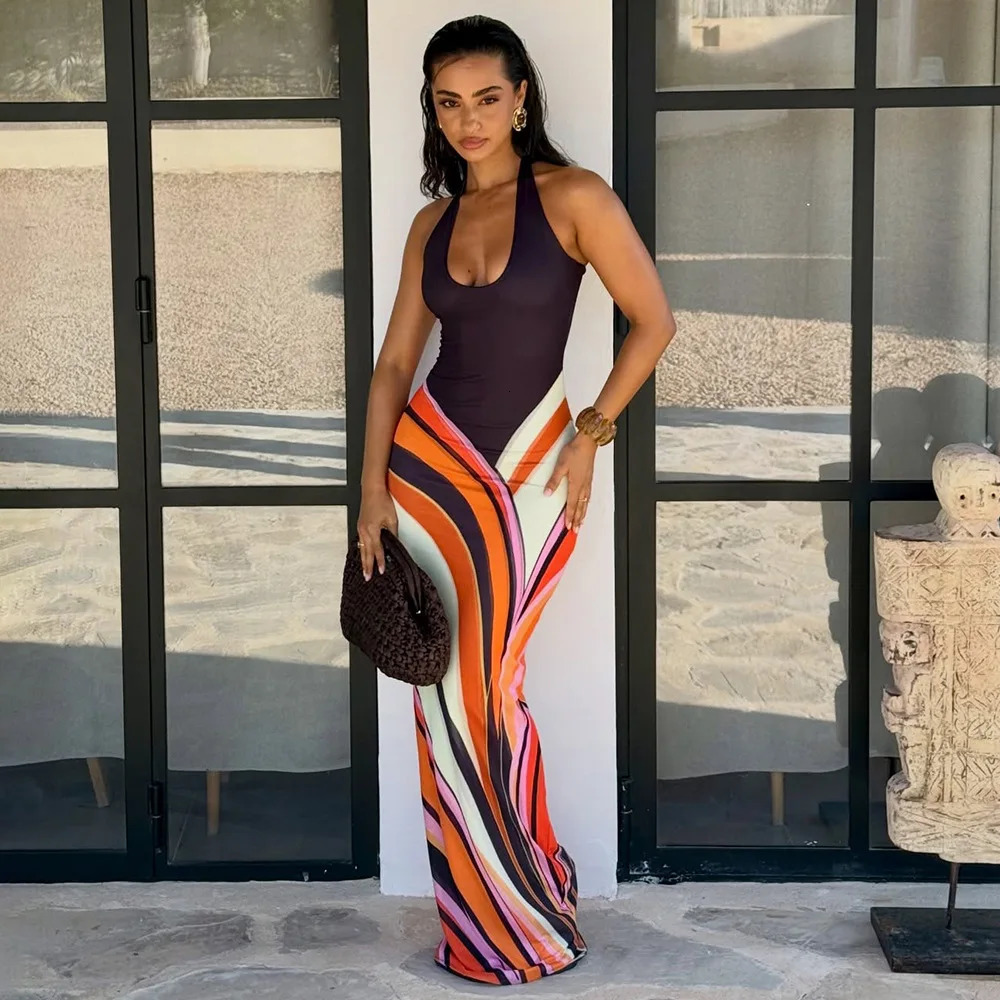 Chaxiaoa Bohemian Summer Vocation Dres 2026 Sleeveless Backless Sexy Bodycon Halter Printed Long Maxi Dresses 260613