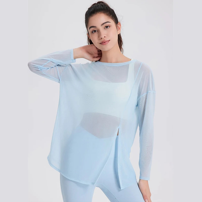 Camicia da yoga a maniche lunghe da donna Camicetta da corsa per esterni traspirante in rete sexy tinta unita sciolto palestra top abbigliamento da