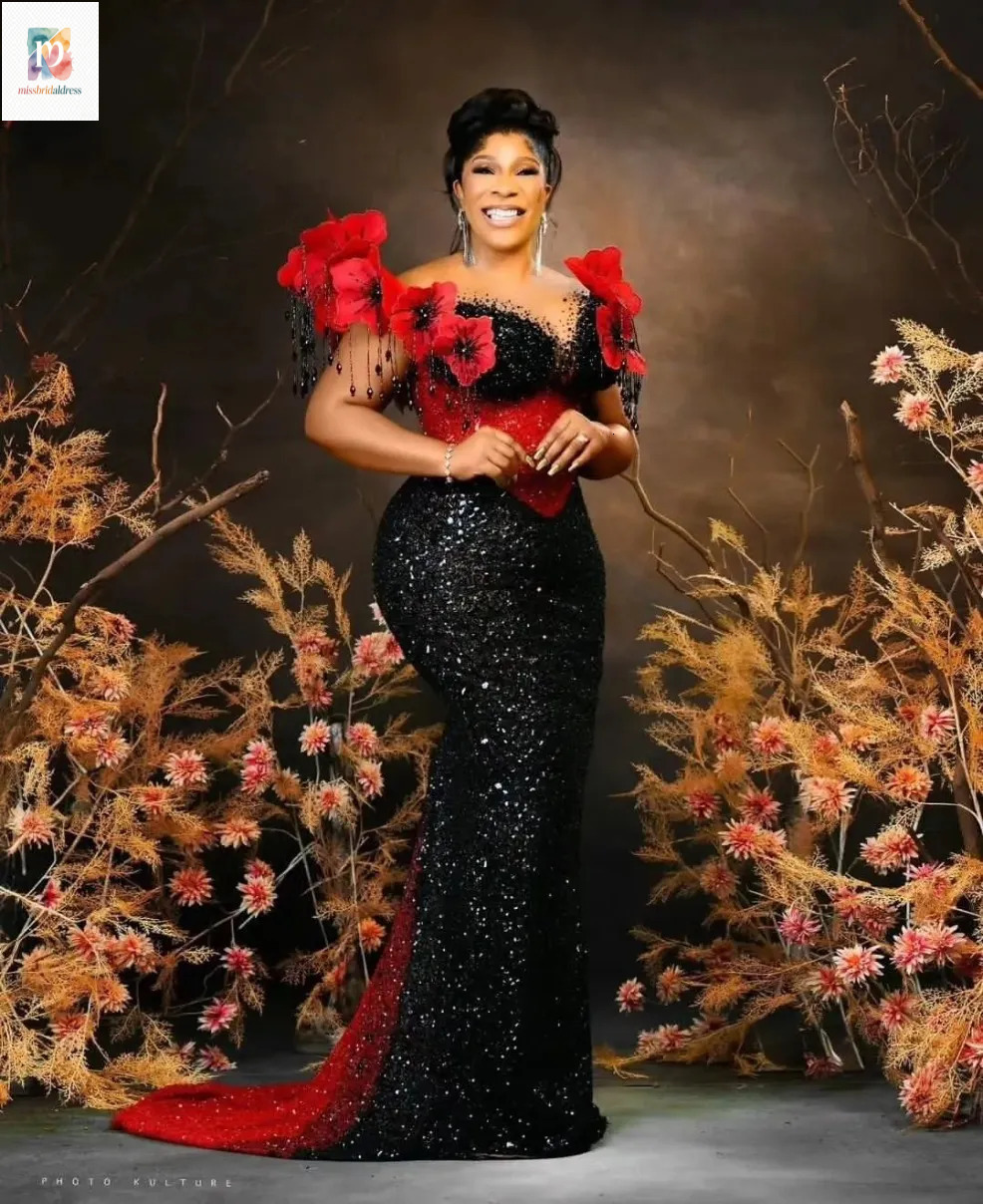 Black Sparkly Aso Ebi Mermaid Sheer Sequins Beaded Prom Formal Party Second Reception Birthday Engagement Evening Gowns Dresses Robe De Soiree 0120