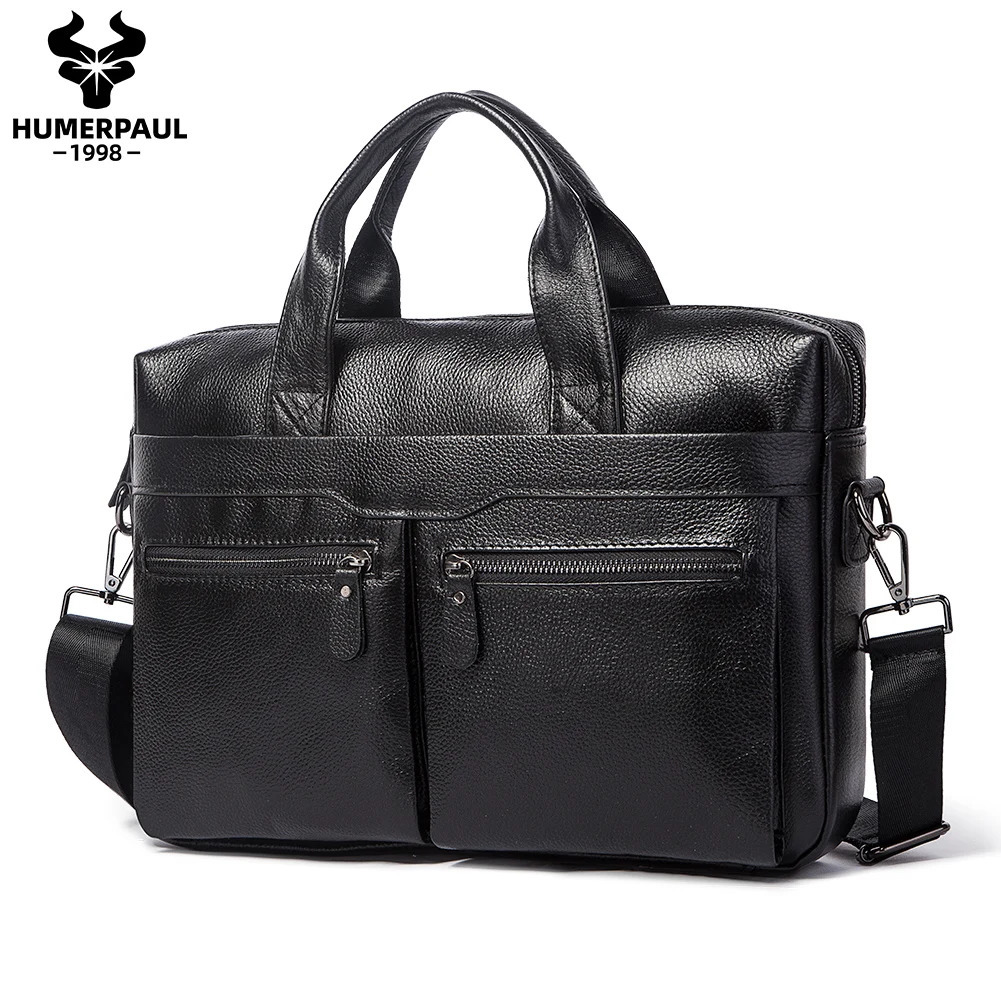 HUMERPAUL Mens Genuine Leather Briefcase Business Laptop Bag with Multiple Pockets Durable Handbag Shoulder Bags for Travel 260618