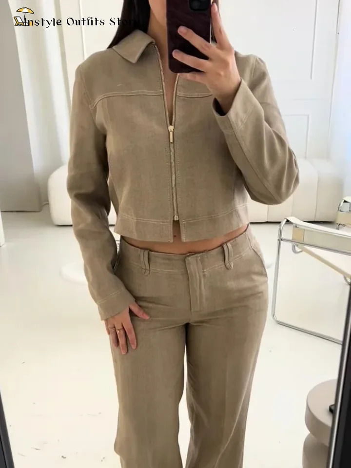 Casual Trousers Set Women Cotton Linen Lapel Zippers Crop Top Straight Pants Sets Lady 2026 Spring Solid Suit Woman Streetwear 260617