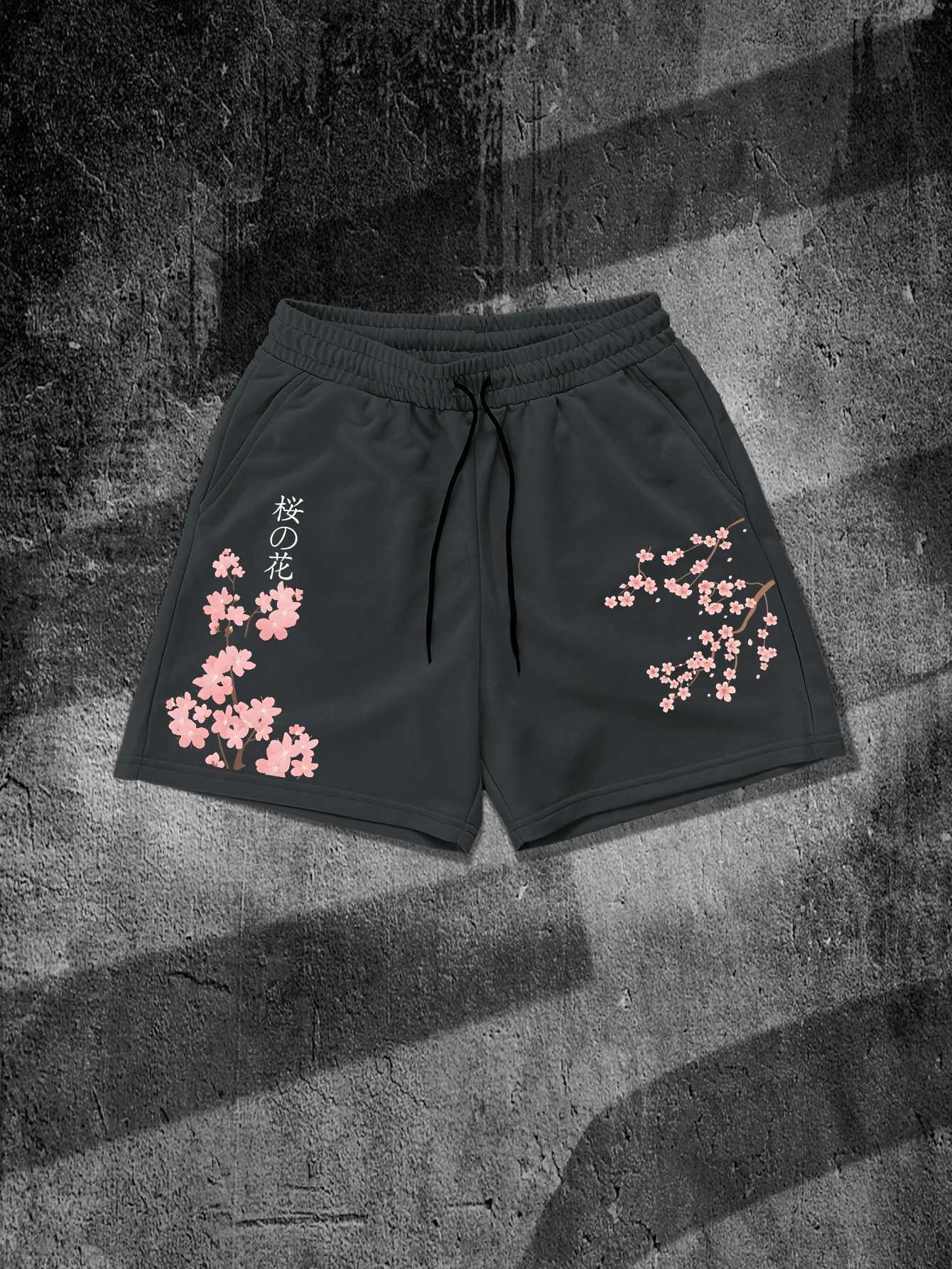 Mens Y2K Streetwear Sweat Shorts 100 Polyester Elastic Waist Oriental Sakura Kanji Print Casual Black Grey Khaki SXXL Q260623