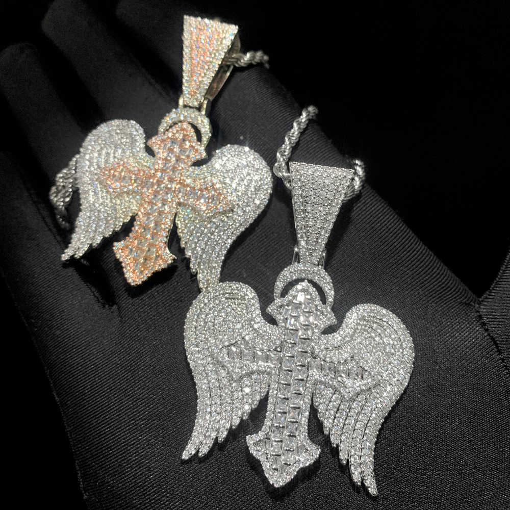 Tone Two Rose Gold Color Full Paved 5A Cubic Zirconia Sparking Bling CZ Wing Cross Pendant Hip Hop Men Necklace D260624