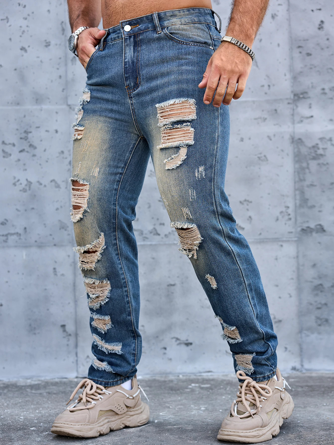 Men Denim Jeans Pants Clothing Trousers Mens Vintage Washed Ripped Straight Leg 260618