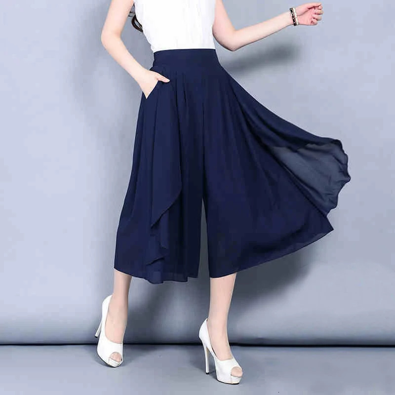 Elastic High Waist Slim Elegant Chiffon Capris female pants Skirts Women Summer Wide Leg Medium Long Leisure Loose Trousers 260622