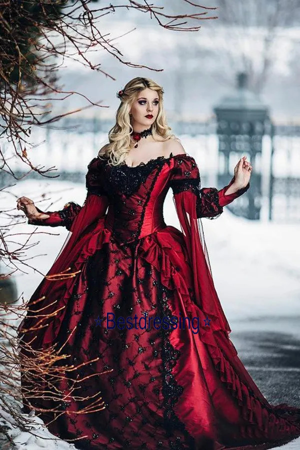 2026 Winter Gothic Sleeping Beauty Princess Wedding Dress Medieval Red And Black Bridal Ball Gown Long Sleeves Lace Appliques Vintage Victorian Brid