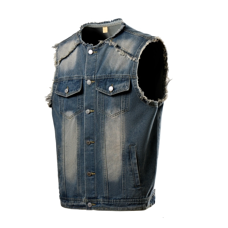 Denim Vest Men Sleeveless Vintage Moto Biker Jean Jacket Coat Fashion Casual Mens Hip Hop Waistcoat Ripped Streetwear y260623banjia