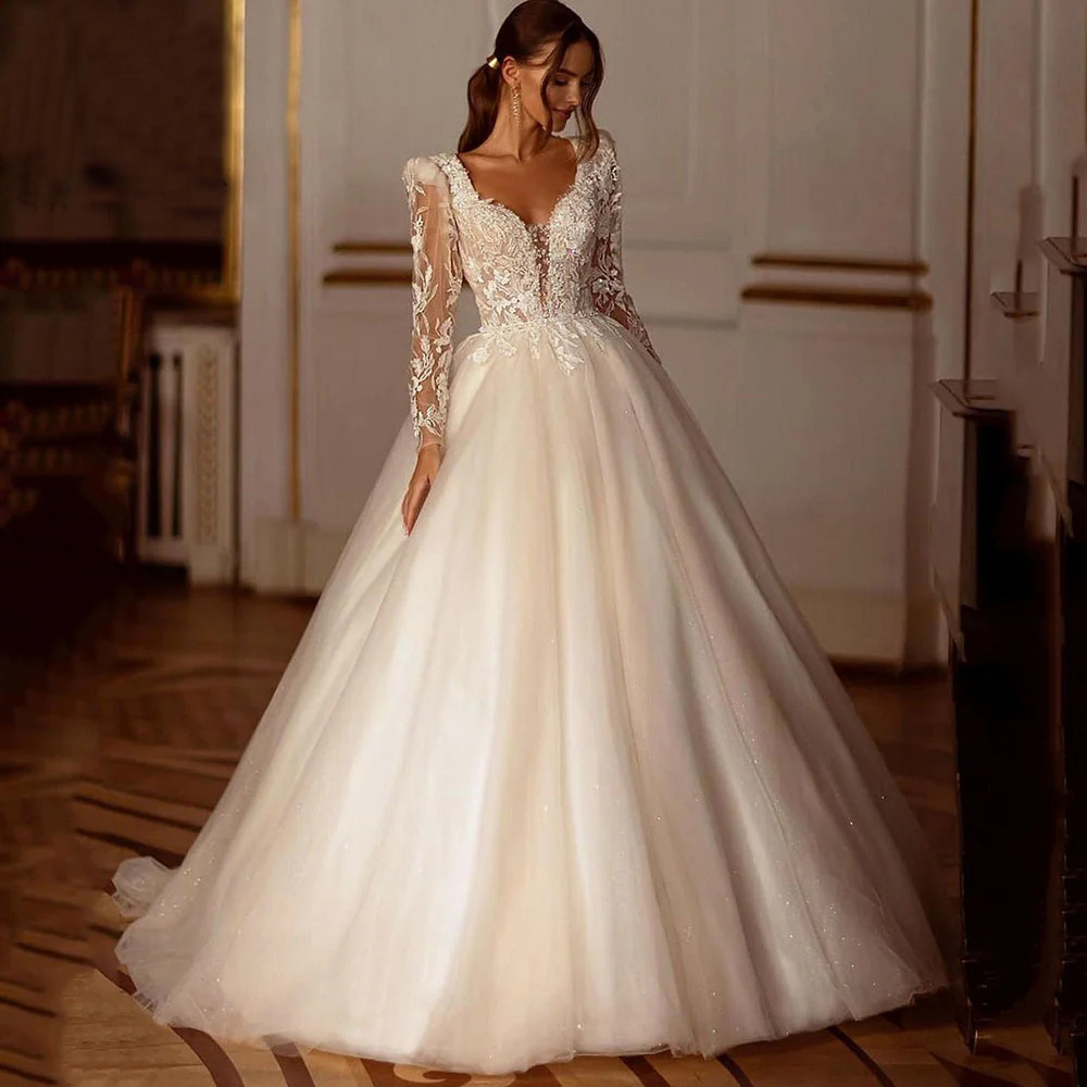 Elegant A-line Wedding Dresses 2027 V-neck Long Sleeves Lace Appliques Tulle Church Bridal Bride Gown Princess Bride Dress Vestido De Noival