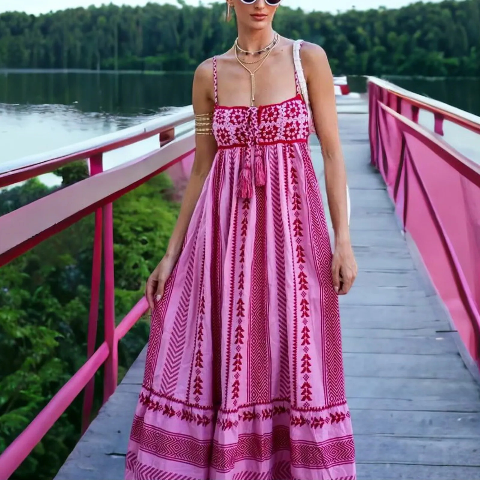 Summer Bohemian Women Maxi Dress Spaghetti Strap Sleeveless Flowy Dress Casual Geometric Print Crochet Tassel A-Line Party Dress 260623