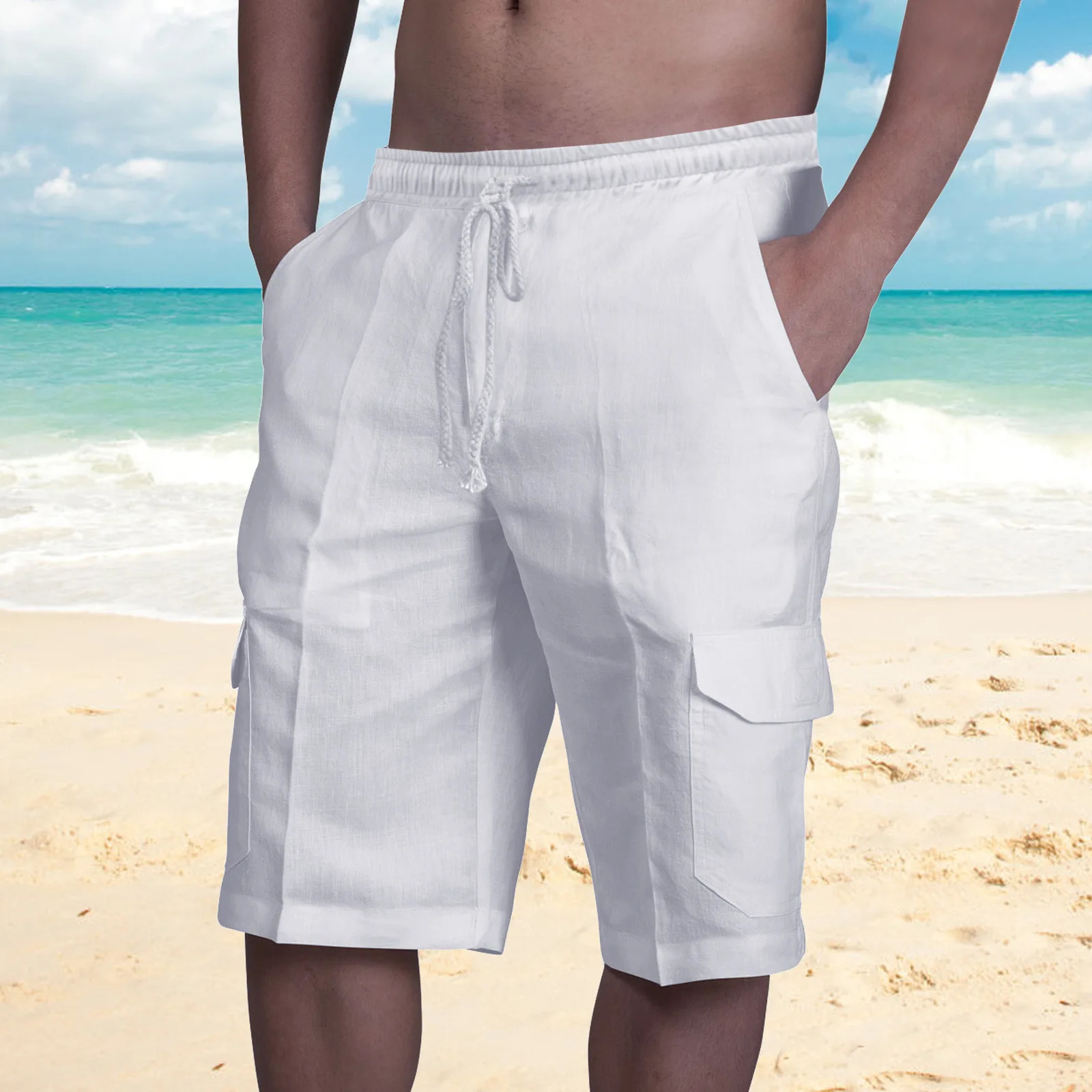 2025 summer casual cotton and linen pocket solidcolor shorts mens laceup fashionable comfortable beach cargo pants 260624