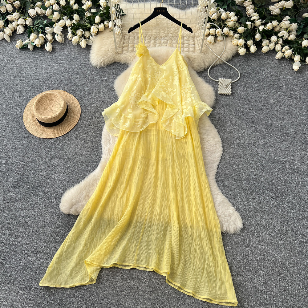 Holiday style yellow neck sling dress women's summer beach dress ruffle V-neck high waist slim dress