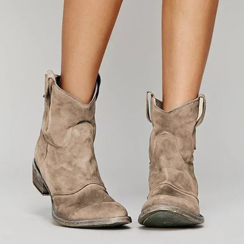 Botines de mujer de vaquero vintage con punta estrecha y tacón bajo, Botas occidentales para mujer, botines de cuero PU sin cordones para otoño e in
