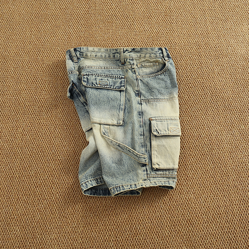 Summer New Trendy Denim for Men, High Street Fashion, Loose Fit, Multi-Pocket Workwear Shorts