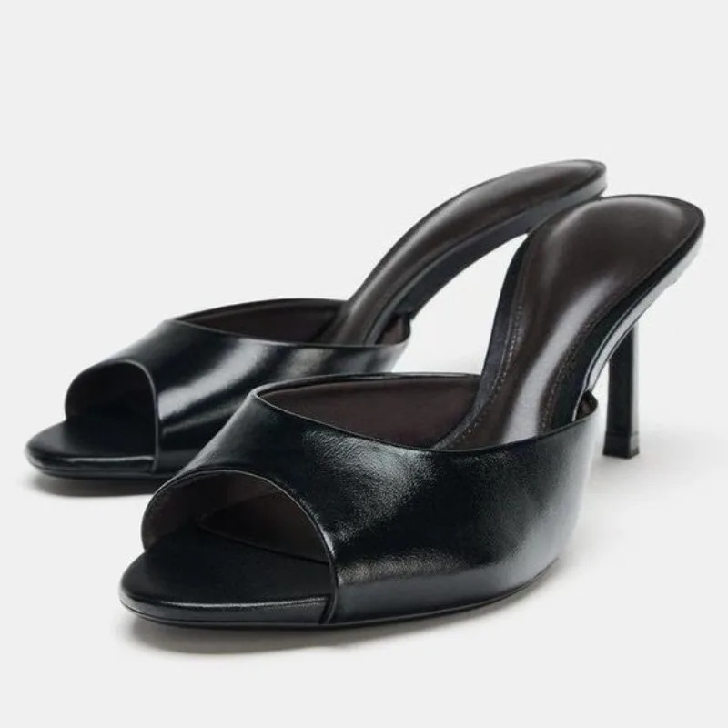 Black Leather High Heels Slippers Woman Summer Sexy Peep Toe Slide Sandals Elegant Banquet Dress Shoes Womens Mules 260624