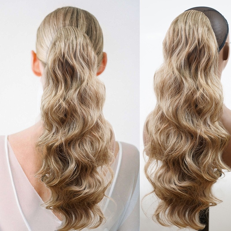 Neuankömmling Haarverlängerungen 24 Zoll Kordelzug Pferdeschwanzverlängerung Lange gewellte synthetische Haarwebart Körperwelle Lockiger Pferdeschwa