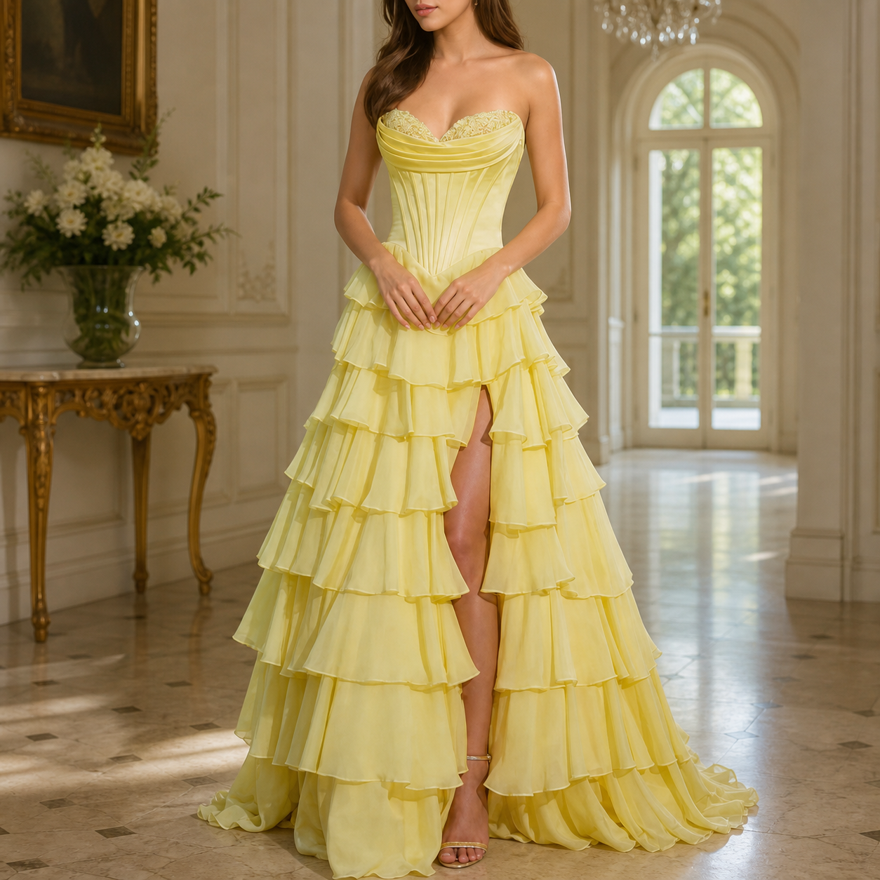 Elegant Yellow Prom Dresses Ruffles Strapless Ruched Corset A-Line Tiered Chiffon High Slit Romantic Evening Gown Sleeveless Long Pageant Special Oc