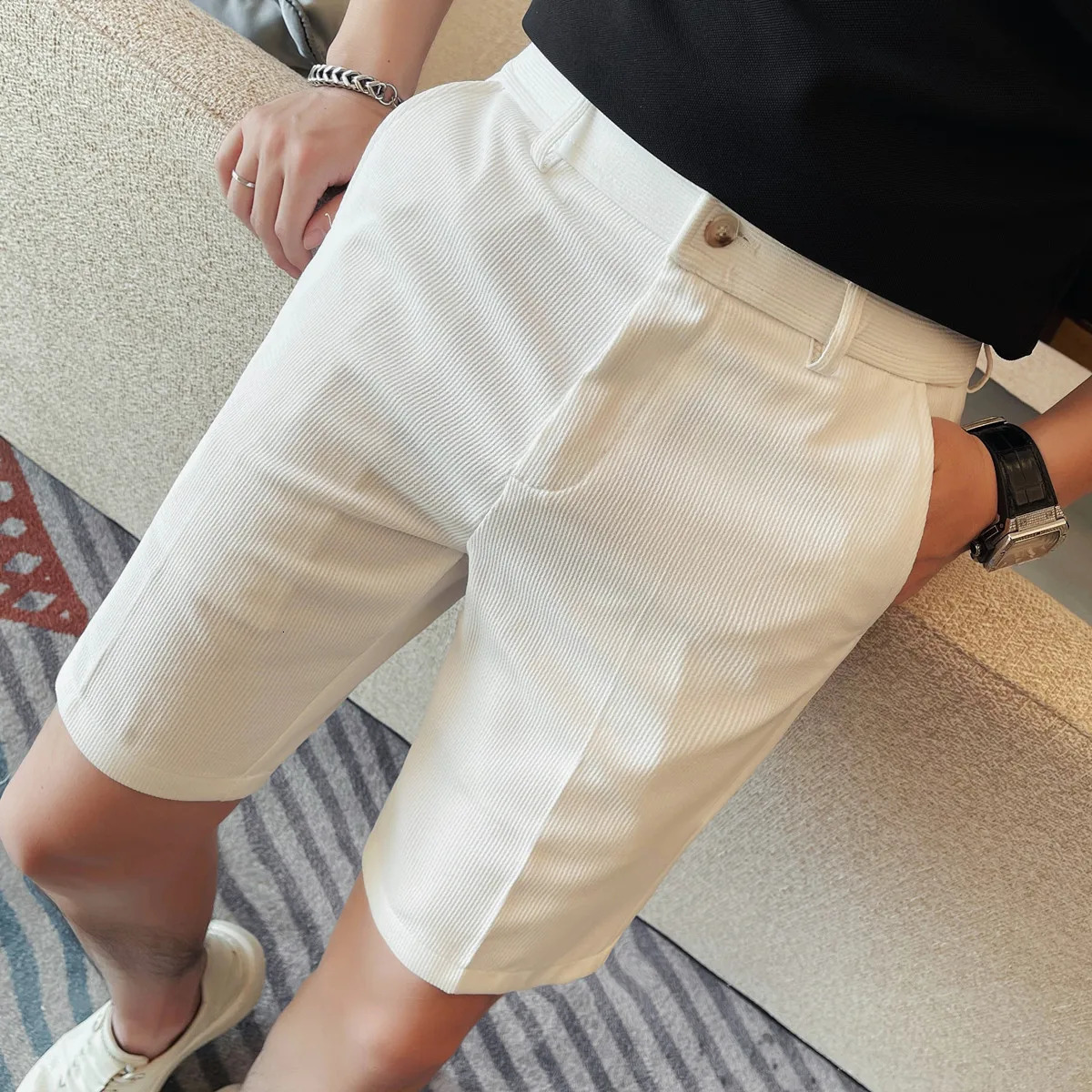 Mens Elastic Waist Summer Shorts SlimFit Stretch Chino 5Inch Bermuda Solid Striped Styles for Casual Comfort 2936 260624