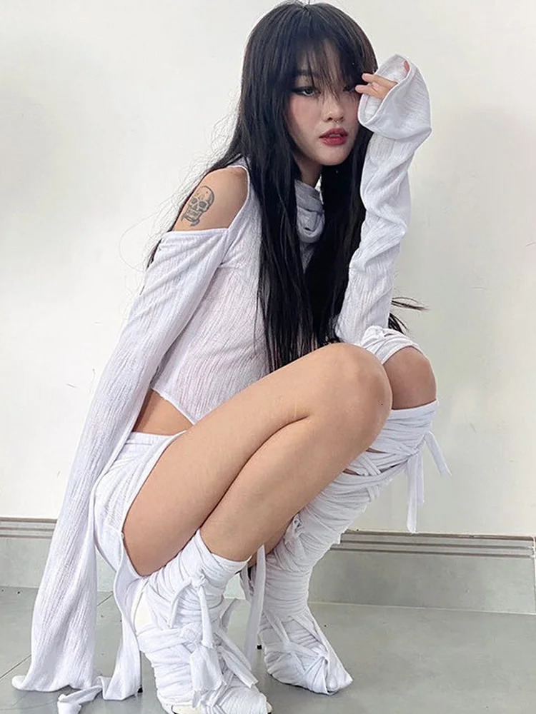 Hooded Soild Sexy Hollow Out Two Piece Sets Womens Outfits Short Skirt Asymmetries Clothes Silm Streetwear Strapless Sleeves Top 260623