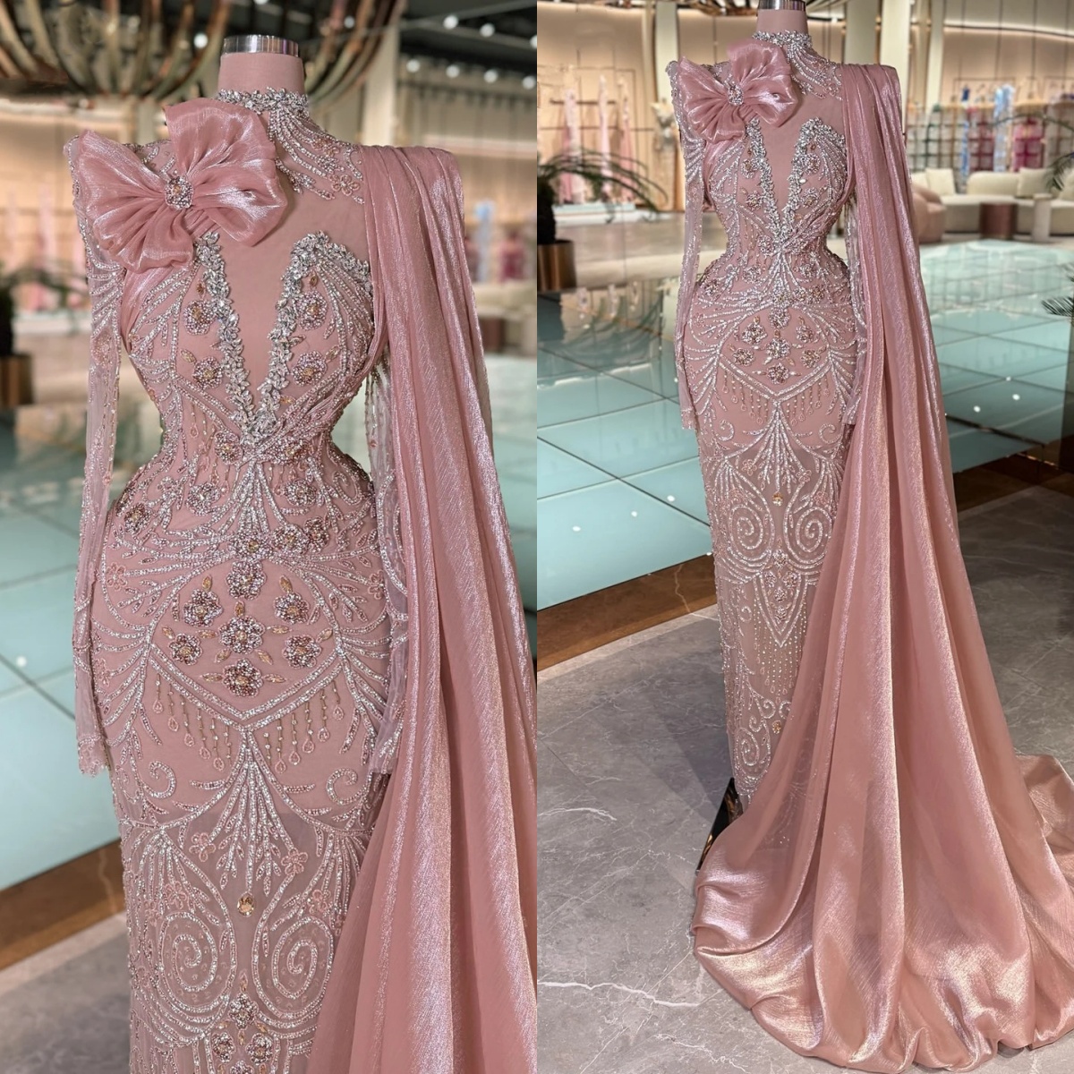 Unique Crystal Evening Dresses High Neck Illusion Mermaid Prom Dress with Cape Beaded Long Sleeve Customized Party Gown Vestidos De Noche Plus Size