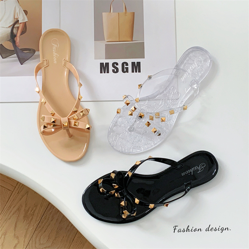 2026 Pantuflas de gelatina con lazo de verano, sencillas y modernas, ideales para chanclas de interior y exterior, sandalias con remaches