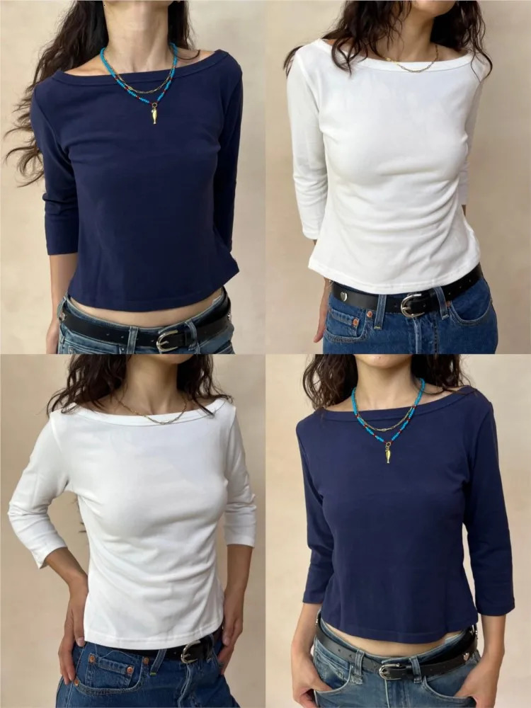 Simple Three Quarter Sleeve Tshirts Woman Autumn Solid Basic Slash Neck Cotton Slim Crop Top Female Casual Allmatch Tee Shirts 260624