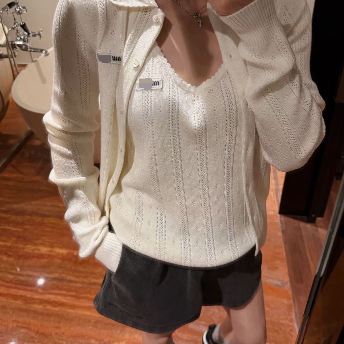 Openwork doll-style collar knitted old money new style college-fit versatile v-neck fitted long-sleeved cardigan coat