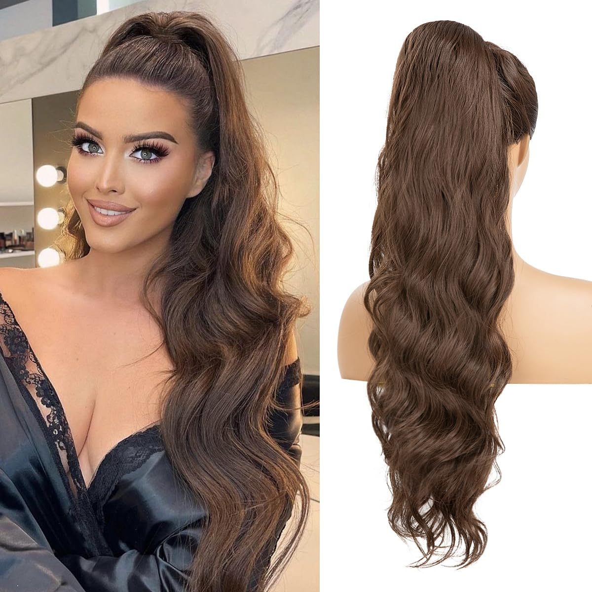 24 Zoll lange, gewellte Kordelzug-Pferdeschwanz-Extensions, synthetische Haarverlängerung, gewellter Pferdeschwanz, Clip-on-Haarteile für Frauen und