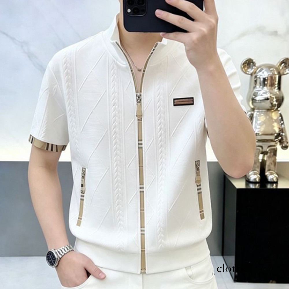 European-style light luxury zip-up cardigan short-sleeve T-shirt for men, new summer slim-fit stand-up collar casual half-sleeve POLO trendy brand