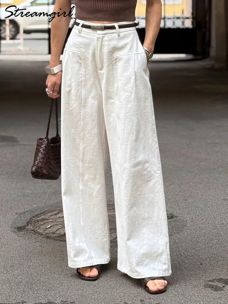 Summer White Pants For Women Cotton Formal High Waist Wide Leg Trousers Ladies Elegant Summer Womens Pants Straight Leg Office 260624