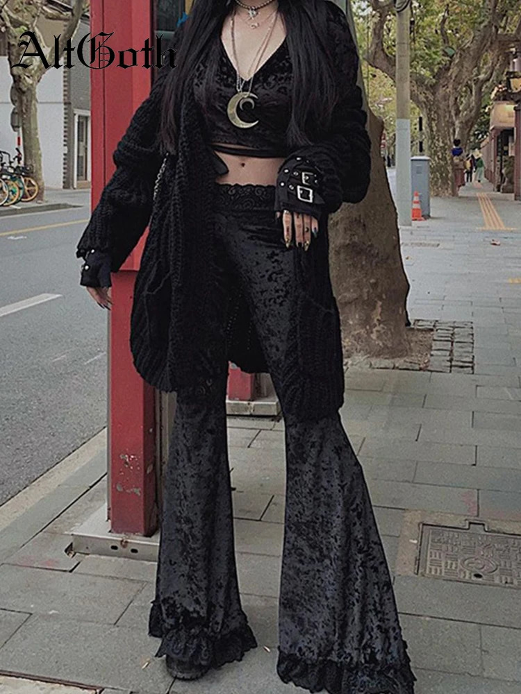 AltGoth Harajuku Punk Gothic Flare Pants Women Grunge Street Vintage Mall Goth Lace Patchwork Hollow Out Dark Black Velvet Pants 260624