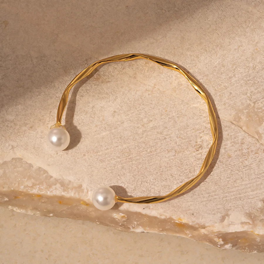Classic Irregular Twisted Open Bangles Women Men Pearl Beads Bracelets Punk Geometric Metal Bracelet Couple Jewelry 260623