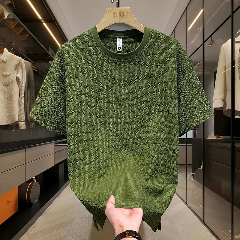 Summer Textured Seersucker Tee For Men Slim Fit Round Neck Short Sleeve Shirt Lightweight Breathable Top Mens Summer T Shirt 260624